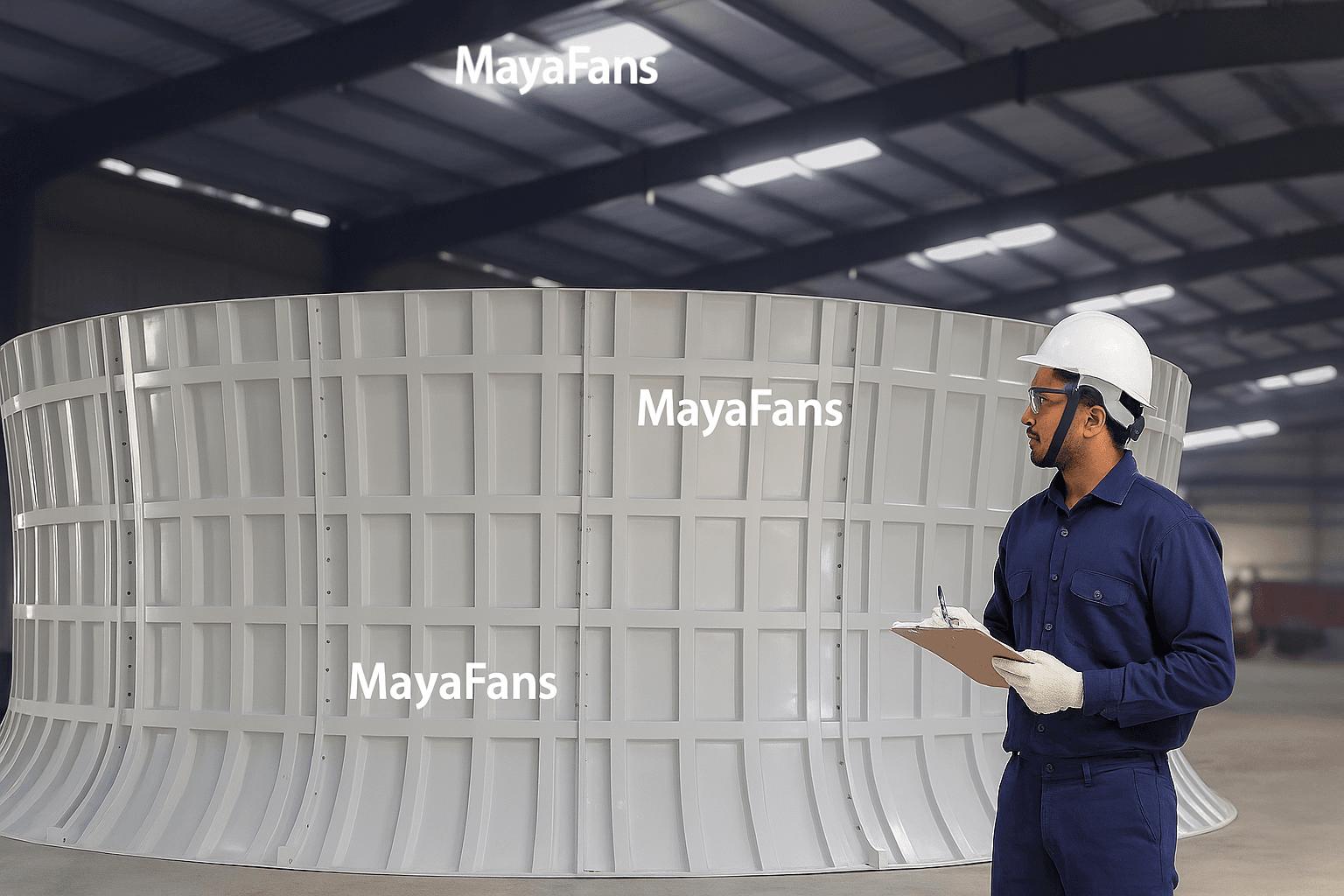 Premium FRP Fan Cylinder | Cooling Tower Fan Stack Component | Maya Fan Engineering High-efficiency FRP fan cylinder with smooth surface finish for cooling tower applications showing double-wall construction and velocity recovery design